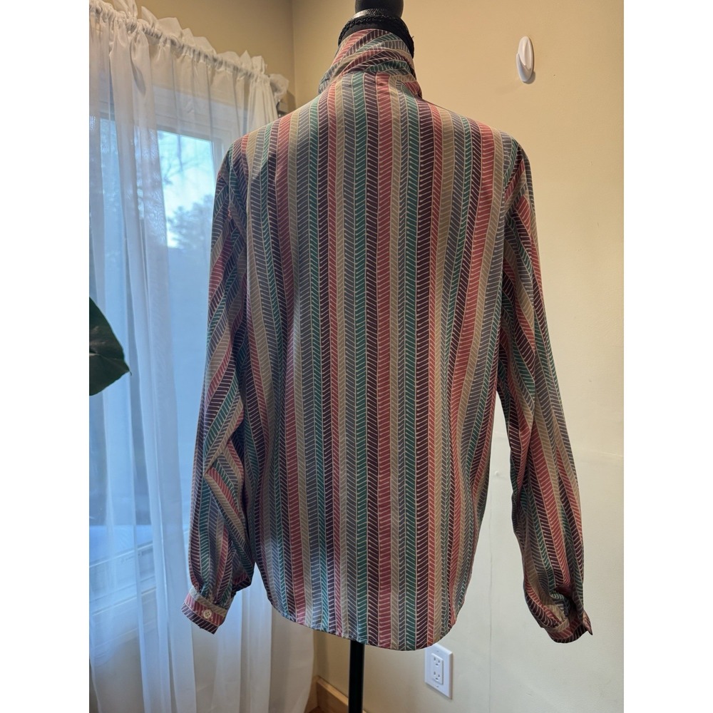 Vintage Women's Multicolor Striped Button Front Blouse Tie Neck Long Sleeve L - Picture 6 of 8